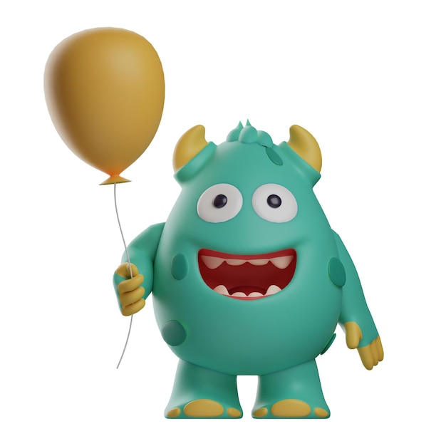 Illustration 3D Cartoon personnage de monstre mignon avec un ballon debout dans une pose étrange
