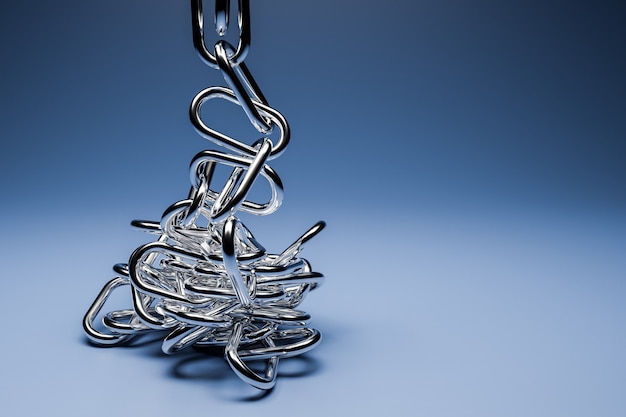Photo illustration 3d de chaînes en métal argenté. ensemble de chaînes sur fond gris.