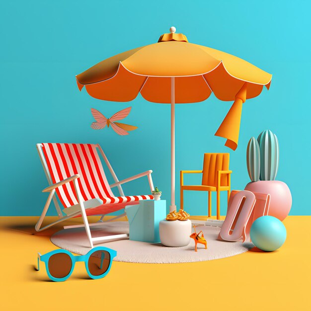 Une illustration 3d d'une chaise de plage et d'un parasol