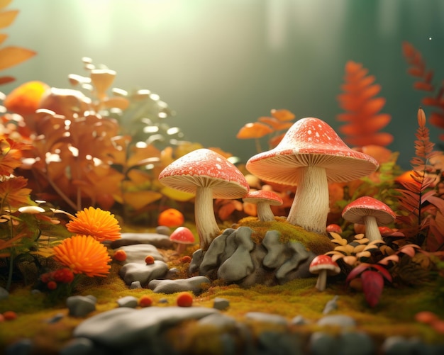 Illustration 3D de champignons dans la forêt