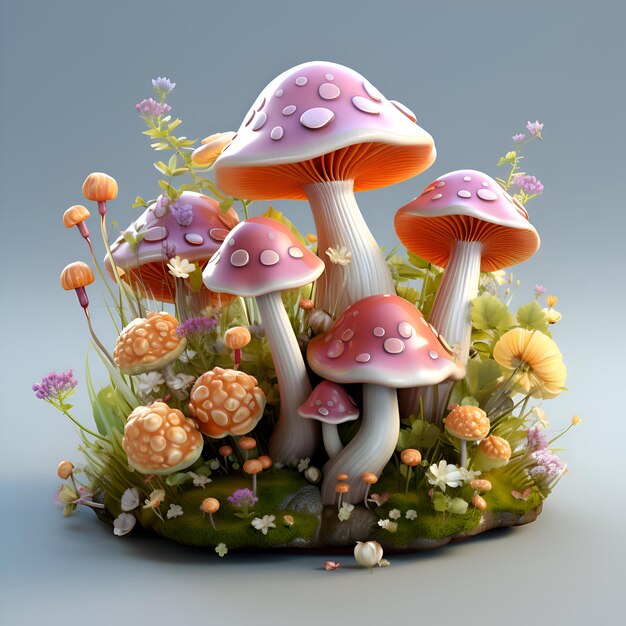 Photo illustration 3d de champignons dans la prairie avec des fleurs et de l'herbe