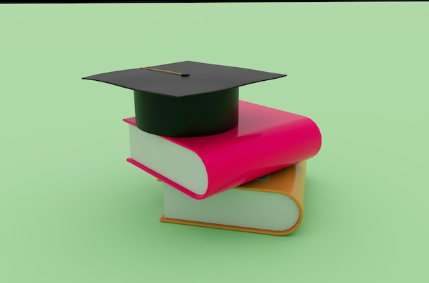 Photo illustration 3d chapeau de chapeau de graduation avec icône de gland mortier avec livre