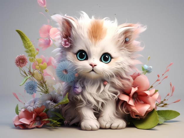 Illustration 3D d'un chaton blanc moelleux entouré de fleurs