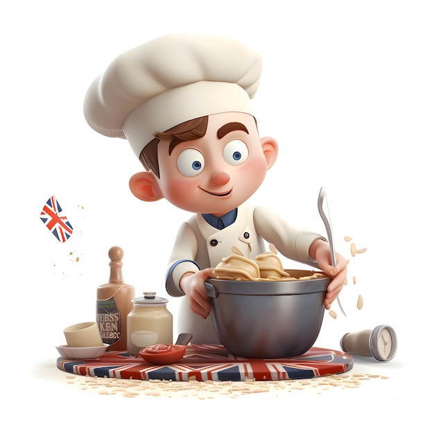 Illustration 3D d'un chef cuisinier avec un pot de beurre et une cuillère