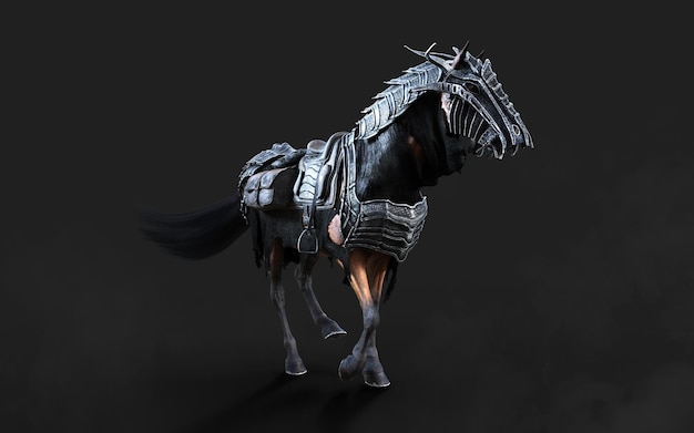 Illustration 3d d'un cheval noir blindé effrayant pose sur fond noir avec un tracé de détourage.