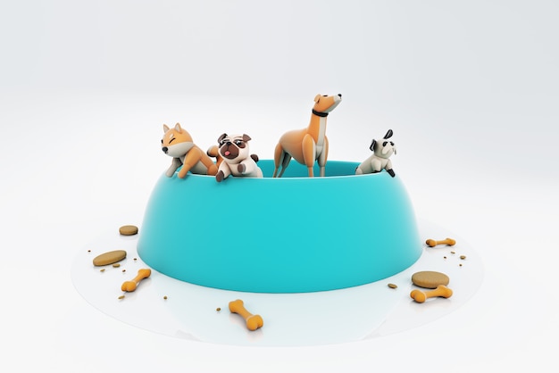 Illustration 3D de chiens debout dans un bol de nourriture