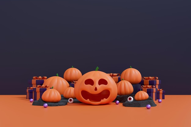 Illustration 3D de citrouille souriante pour l'affichage de produits festifs Célébration d'automne Concept de fête d'Halloween JackOLantern