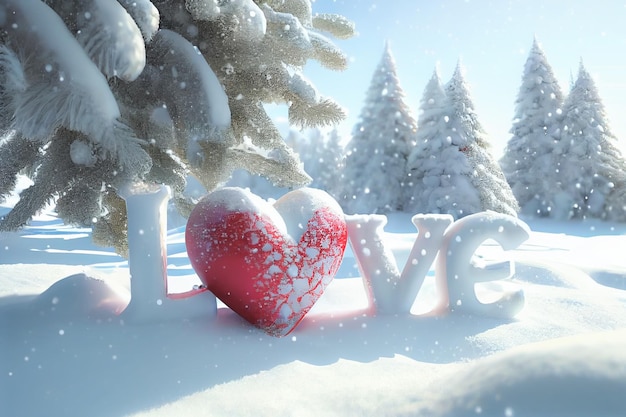 Illustration 3D d'un cœur de glace avec AMOUR et arbre de Noël dans un décor de pays des merveilles d'hiver Idéal pour la Saint-Valentin ou Noël
