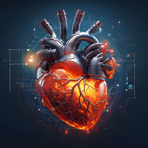 Illustration 3D d'un cœur humain fait de feu et de fils