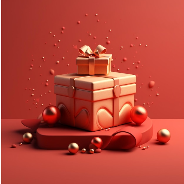 Illustration 3d de coffrets cadeaux rouges avec ruban doré et boules de noël