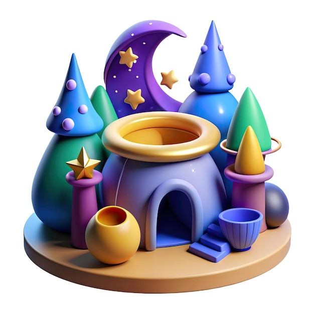 Photo illustration 3d colorée avec un arc-en-ciel de lune et des éléments de jeu