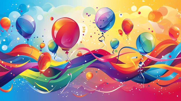 Illustration 3D colorée d'une fête d'anniversaire avec un arc-en-ciel de ballons et de confettis Parfait pour un fond festif ou une carte de vœux