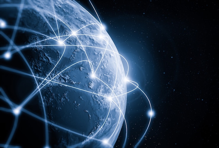 Photo illustration 3d de la communication créative moderne mondiale et de la carte du réseau internet
