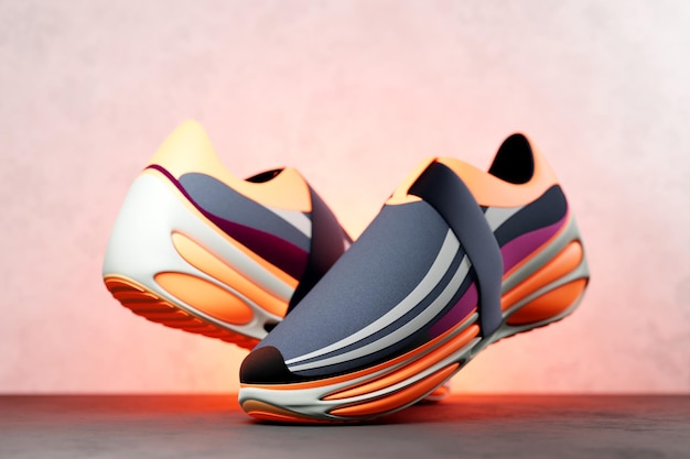 Illustration 3D d'un concept de chaussure pour le métaverse Baskets de sport colorées sur une plate-forme haute