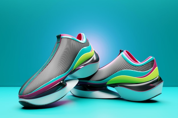 Illustration 3D d'un concept de chaussure pour le métaverse Baskets de sport colorées sur une plate-forme haute