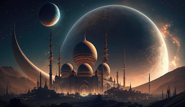 Illustration 3d de la conception architecturale étonnante du concept de ramadan de la mosquée musulmane illustration de la conception architecturale étonnante du concept de ramadan de la mosquée musulmane Générer Ai