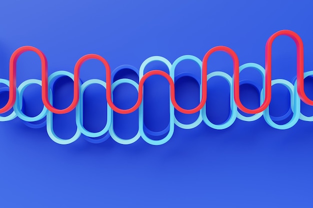 Illustration 3D de la conception onde abstraite colorée sur un fond bleu Equalisateur d'enregistrement audio de reconnaissance vocale Bouton de microphone avec onde sonore Symbole de technologie intelligente