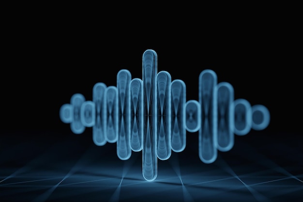 Photo illustration 3d de la conception d'une onde sonore numérique abstraite colorée sur fond noir enregistreur audio d'égaliseur de reconnaissance vocale bouton de microphone avec onde sonore symbole de la technologie intelligente