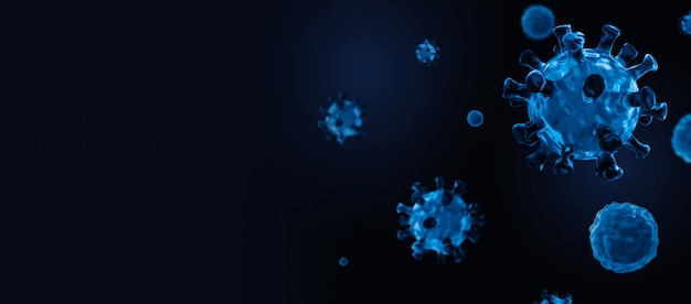 Illustration 3D. copier la bannière de l'espace. groupe de cellules virales, épidémie de coronavirus 2019 (covid19), Wuhan - infection à virus de la Chine en arrière-plan bleu, auto-quarantaine, concept d'épidémie de coronavirus