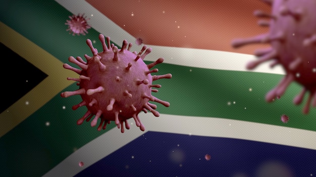 Illustration 3D Coronavirus de la grippe flottant au-dessus du drapeau africain RSA. Bannière de l'Afrique du Sud agitant avec le concept d'infection par le virus de la pandémie de Covid19. Enseigne de texture de tissu véritable