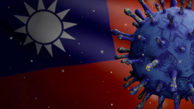 Illustration 3D Coronavirus de la grippe flottant au-dessus du drapeau taïwanais, un agent pathogène attaque les voies respiratoires. Bannière de Taiwan agitant avec une pandémie d'infection par le virus Covid19. Gros plan sur une véritable enseigne de texture de tissu