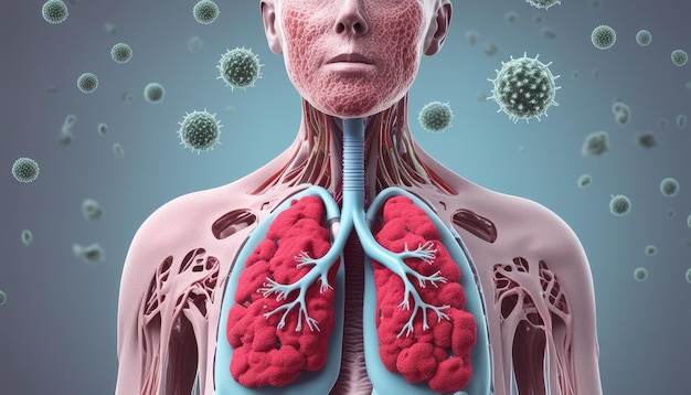 Une illustration 3D d'un corps humain avec un poumon rouge et un cœur bleu