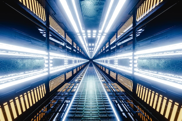 Illustration 3D Couloir futuriste illuminé Couloir futuriste dans la station spatiale