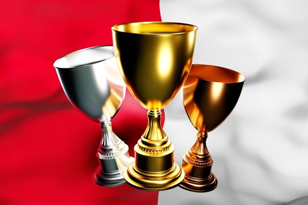 Illustration 3d d'une coupe de gagnants d'or, d'argent et de bronze sur le fond du drapeau national de la Pologne Visualisation 3D d'un prix pour réalisations sportives