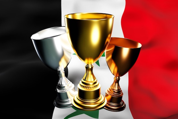 Illustration 3d d'une coupe de gagnants d'or, d'argent et de bronze sur le fond du drapeau national de la Syrie Visualisation 3D d'un prix pour réalisations sportives