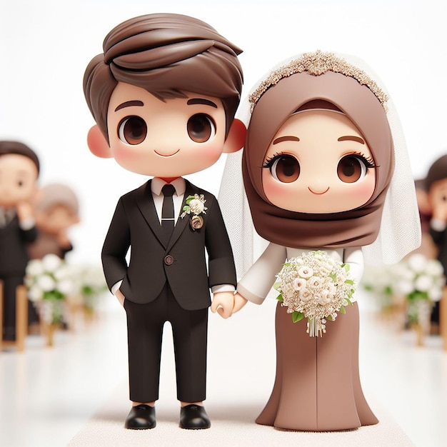 Illustration 3D d'un couple de mariés musulmans en costumes bruns