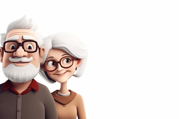 Illustration 3D d'un couple de personnes âgées avec des lunettes isolées sur un fond blanc