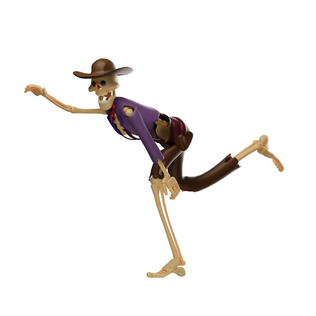 Illustration 3D Crâne 3D Cowboy Cartoon riant de quelque chose de corps pose se balançant vers l'avant avec o