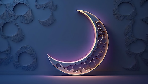 Illustration 3D d'un croissant du Ramadan arabe sur un fond de mur moderne bleu