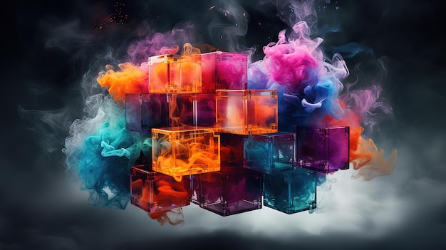 Photo illustration 3d d'un cube abstrait fait de cubes avec de la fumée sur un fond sombre