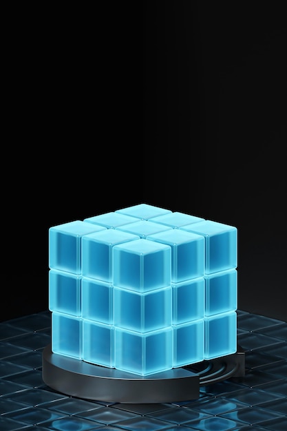 Illustration 3d cube néon transparent bleu Carrés lumineux sur fond monocrome motif Géométrie fond