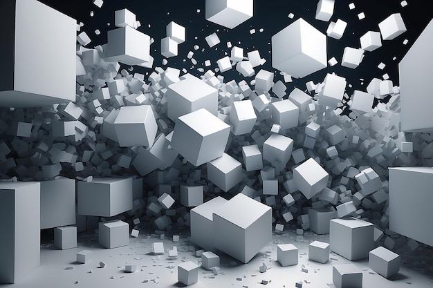 Photo illustration 3d de cubes de différentes tailles éparpillés au hasard dans la pièce les cubes sont chaotiques dans l'espace s'empilant et se gâchant