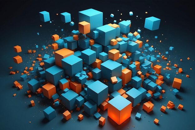 Photo illustration 3d de cubes de différentes tailles éparpillés au hasard dans la pièce les cubes sont chaotiques dans l'espace s'empilant et se gâchant