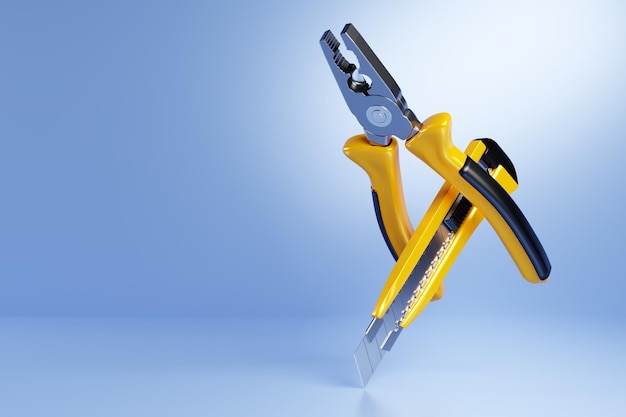 Illustration 3D d'un cutter et d'une pince en style cartoon sur fond bleu Outil de menuiserie à la main pour l'atelier