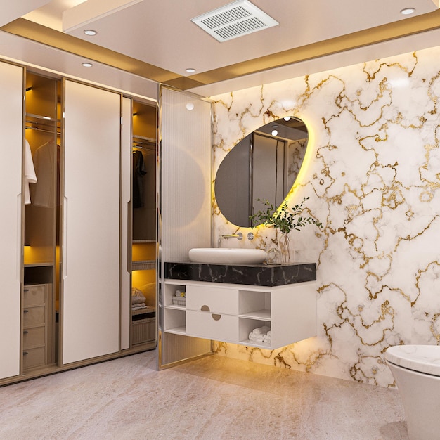 Illustration 3d de design d'intérieur de salle de bains en marbre doré et blanc