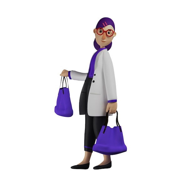 Photo illustration 3d dessin animé 3d femme médecin portant deux sacs bleus portant de jolies lunettes rouges marchait