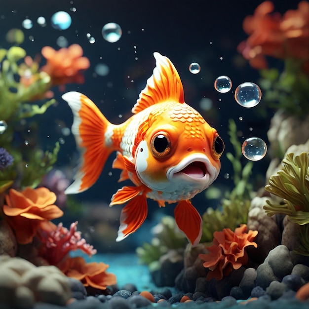 Illustration 3D détaillée d'un mignon poisson rouge nageant