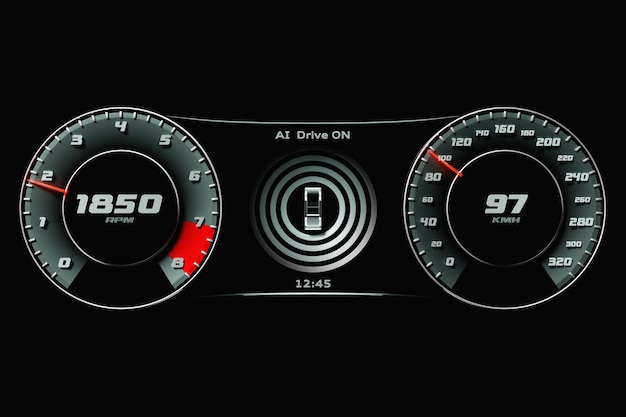 Illustration 3D des détails de l'intérieur de la nouvelle voiture Le compteur de vitesse indique une vitesse maximale de 97 km/h tachymètre avec rétroéclairage bleu-rouge Conception et intérieur d'une voiture modernexA xA