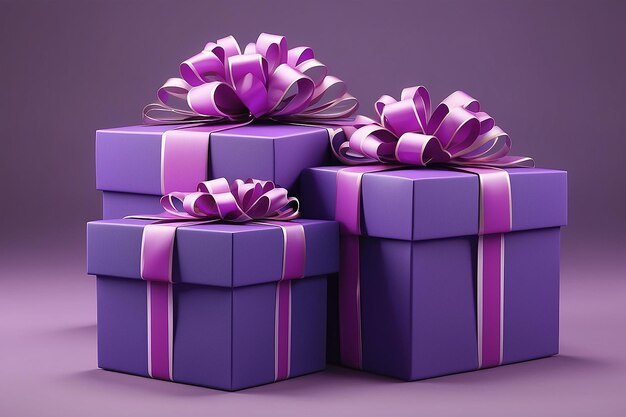 Photo illustration 3d de deux boîtes cadeaux violettes avec des nœuds et des rubans isolés sur un fond violet