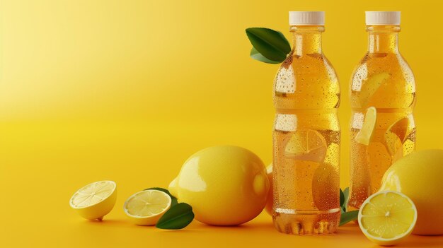 Une illustration 3D de deux bouteilles de thé glacé au citron, l'une avec une étiquette imprimée et l'autre sans isolé sur fond jaune