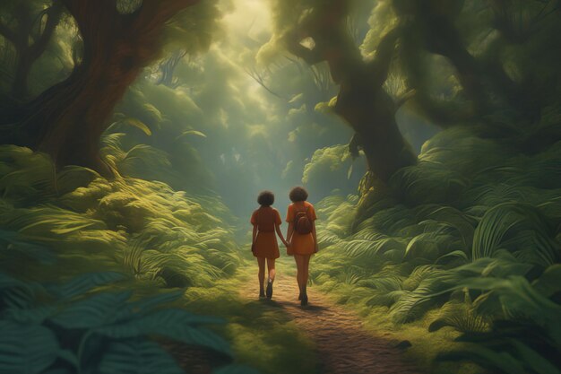 illustration 3d deux enfants marchant dans la forêt