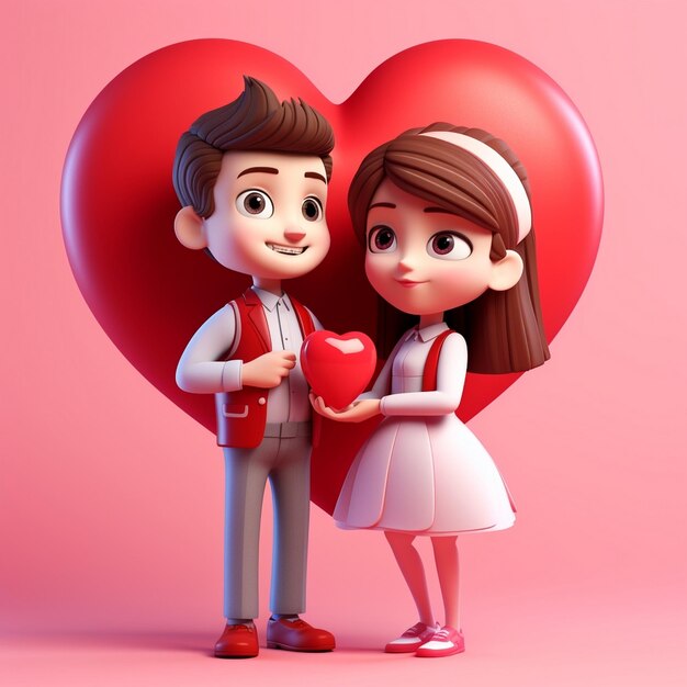 Illustration 3D de deux personnages tenant un cœur le jour de la Saint-Valentin