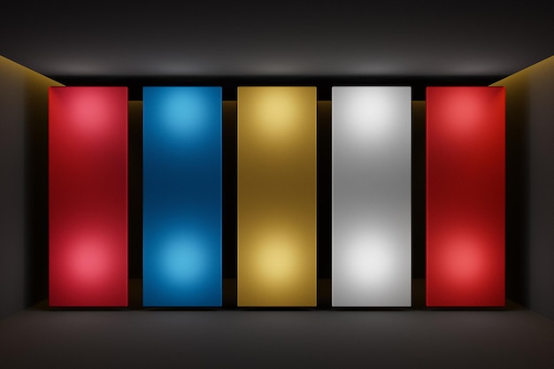 Illustration 3D d'une disposition d'écrans multicolores dans une pièce noire Illustration de conception pour une bannière Web et des infographies mobiles Concept de présentation d'application