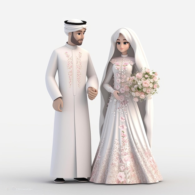 Illustration 3D d'un doux couple des Émirats saoudiens le jour du mariage généré par l'IA