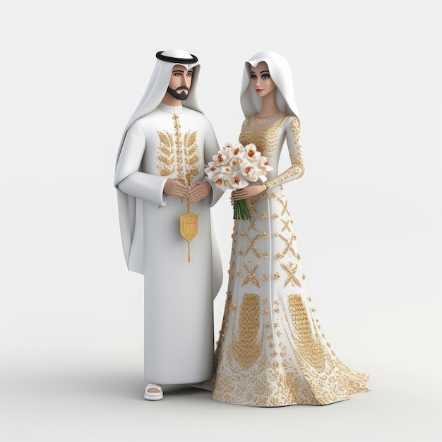 Illustration 3D d'un doux couple des Émirats saoudiens le jour du mariage généré par l'IA