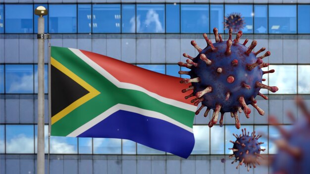 Illustration 3D Drapeau africain RSA agitant sur une ville de gratte-ciel moderne avec Coronavirus 2019. Belle grande tour et épidémie en Afrique du Sud. Microscope virus Covid 19